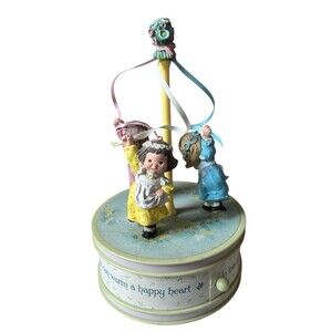 Vintage May Pole Music Box Twirling Children Ribbons Spring 7 x 4" Works